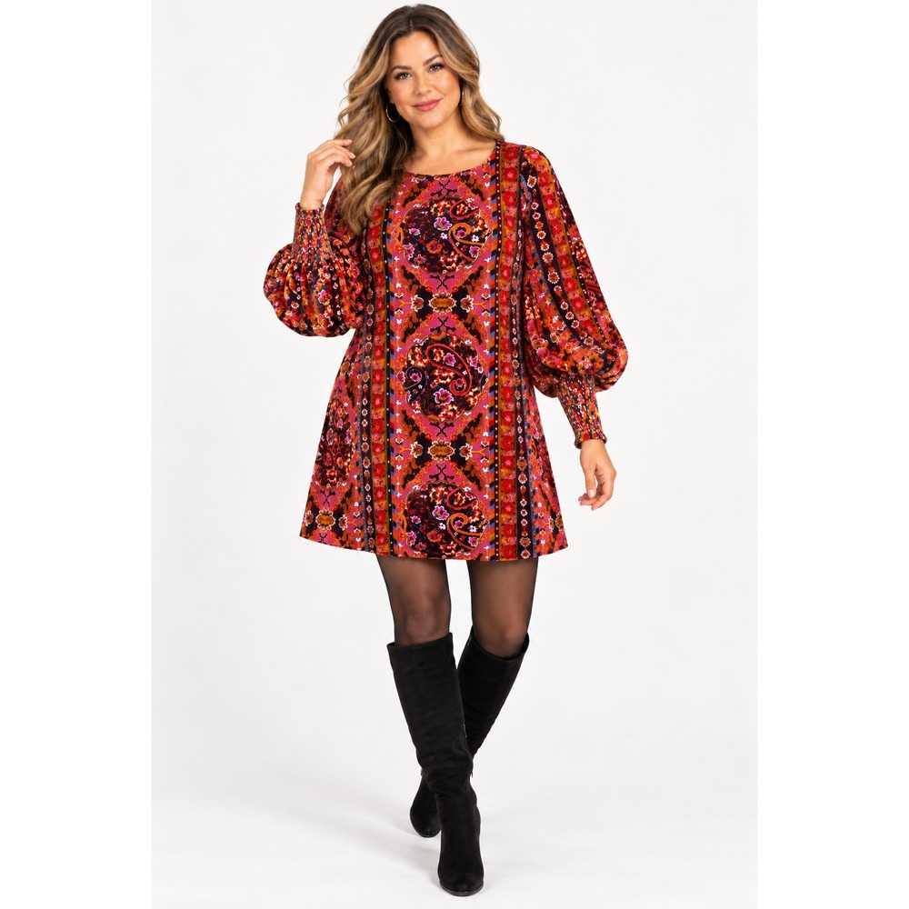 Anthropology  Womens Dress Velvet Boho Tapestry Mini 60s Twiggy Shift XL 14 Fall